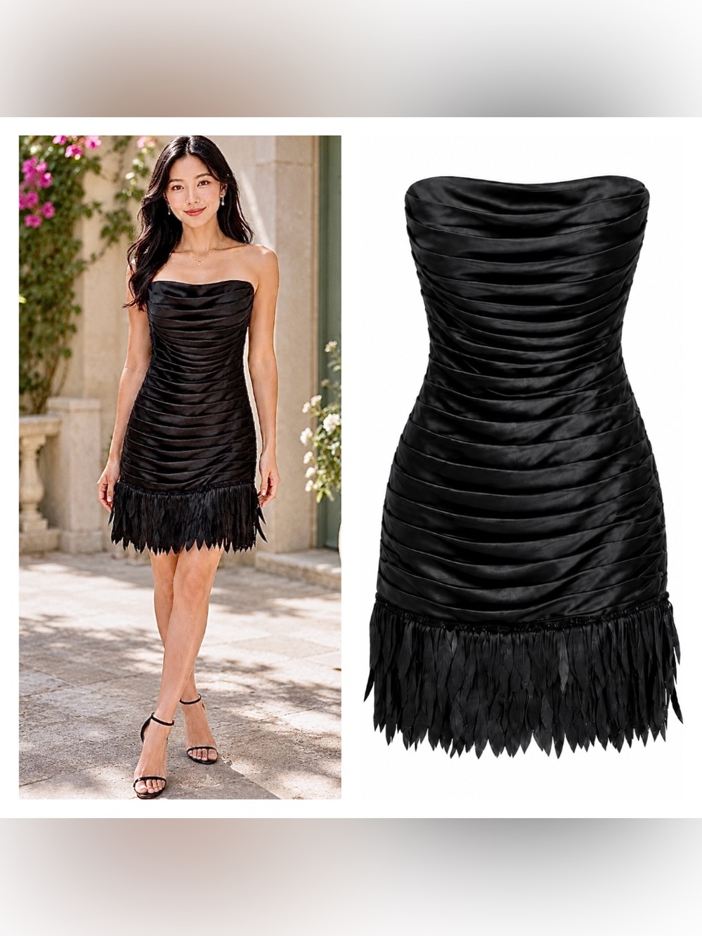 White House Black Market Strapless Ruched Feathered-Hem Dress 4